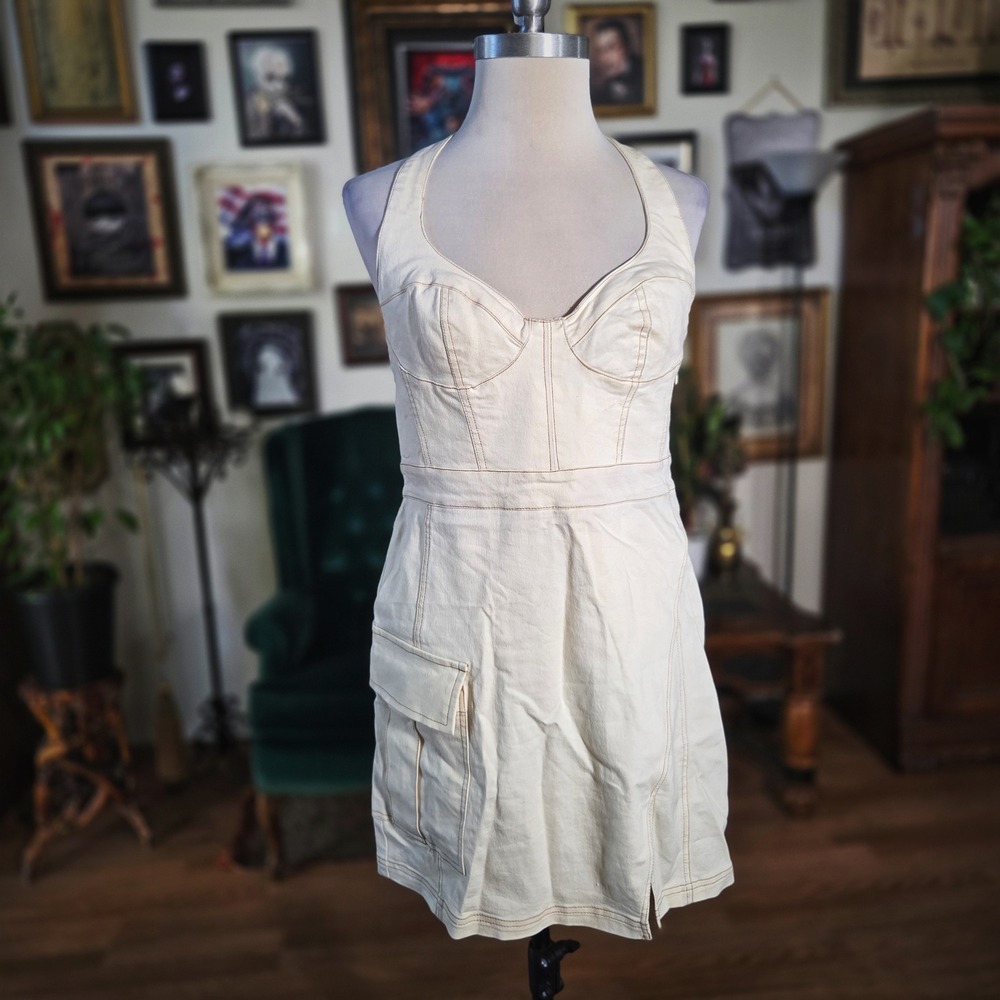 Urban Outfitters Cream Denim Halter Mini Dress Cargo Pocket Bustier Size L - Picture 2 of 8